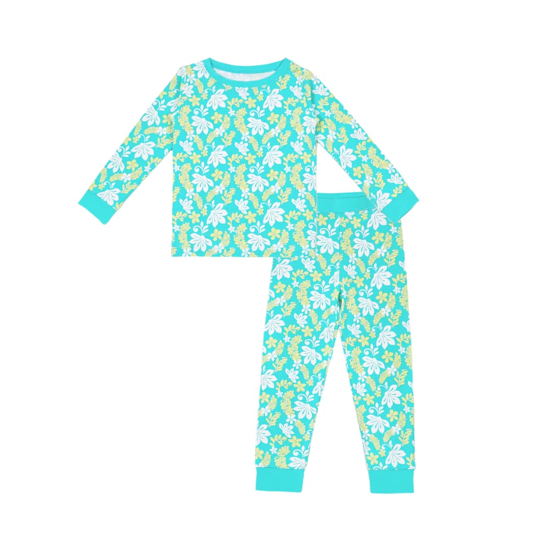 Naupaka Coast long two-piece children's pajamas in a coordinated island-inspired print