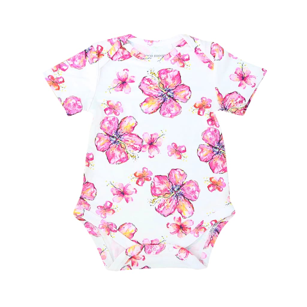 Pink floral baby onesie showing the shape and print of the infant garment