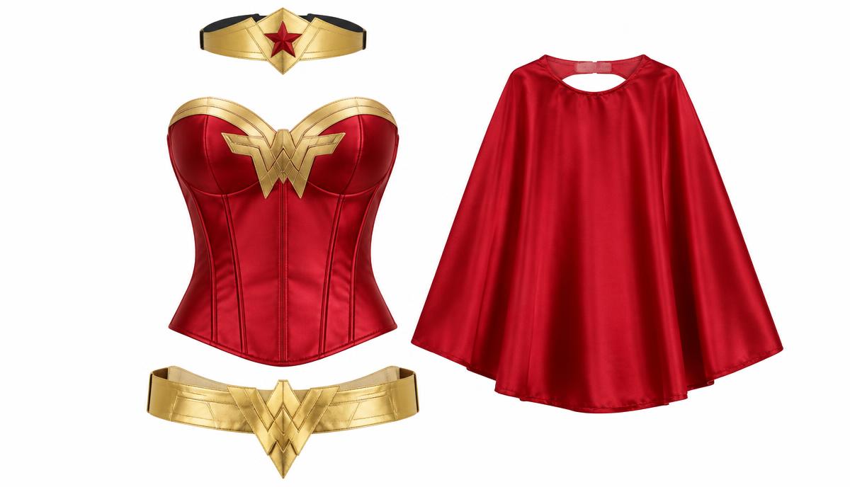 Women's red and gold superhero costume with tiara, belt and cape