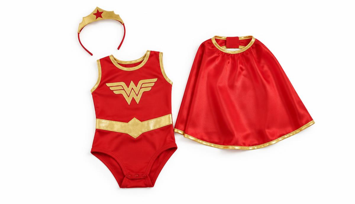 Toddler red and gold superhero costume with tiara, bodysuit and cape